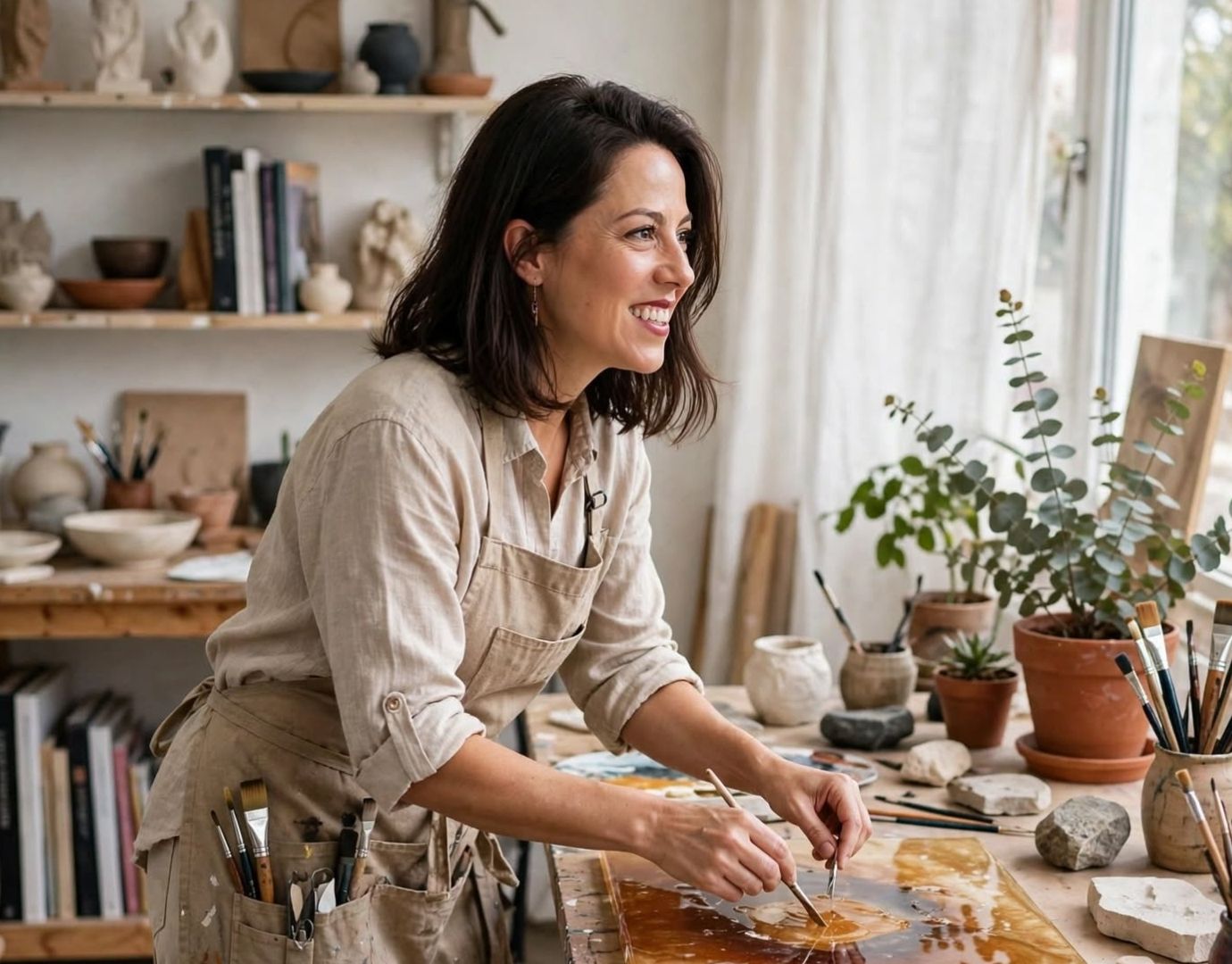 Artista Caren Negrelli trabalhando em sua obra de arte - processo de criação com resina e acrílico